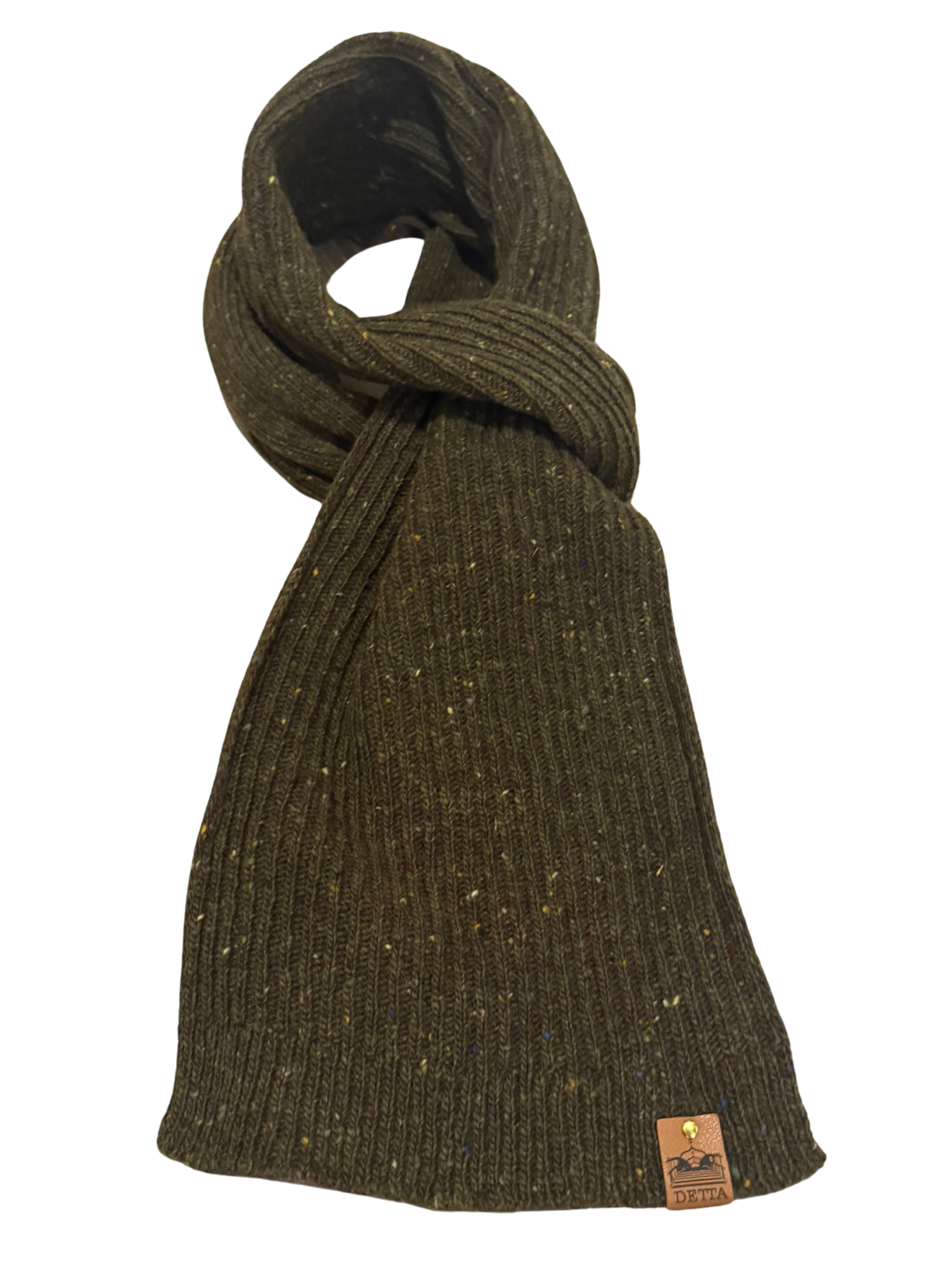 Dark green knitted scarf with a brand label on a white background