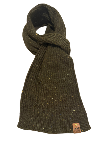 Dark green knitted scarf with a brand label on a white background