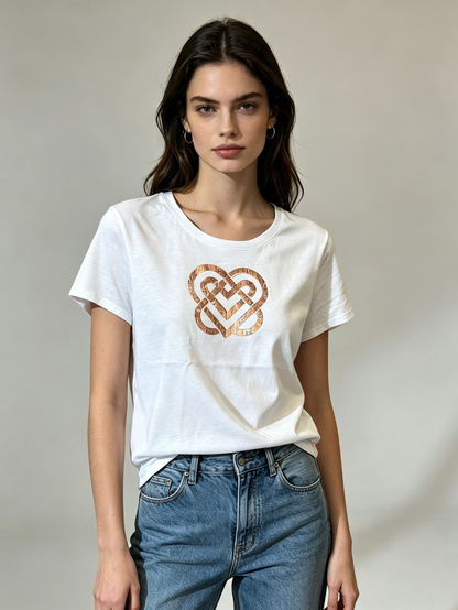 Ladies Celtic Heart T-Shirt - White & Copper