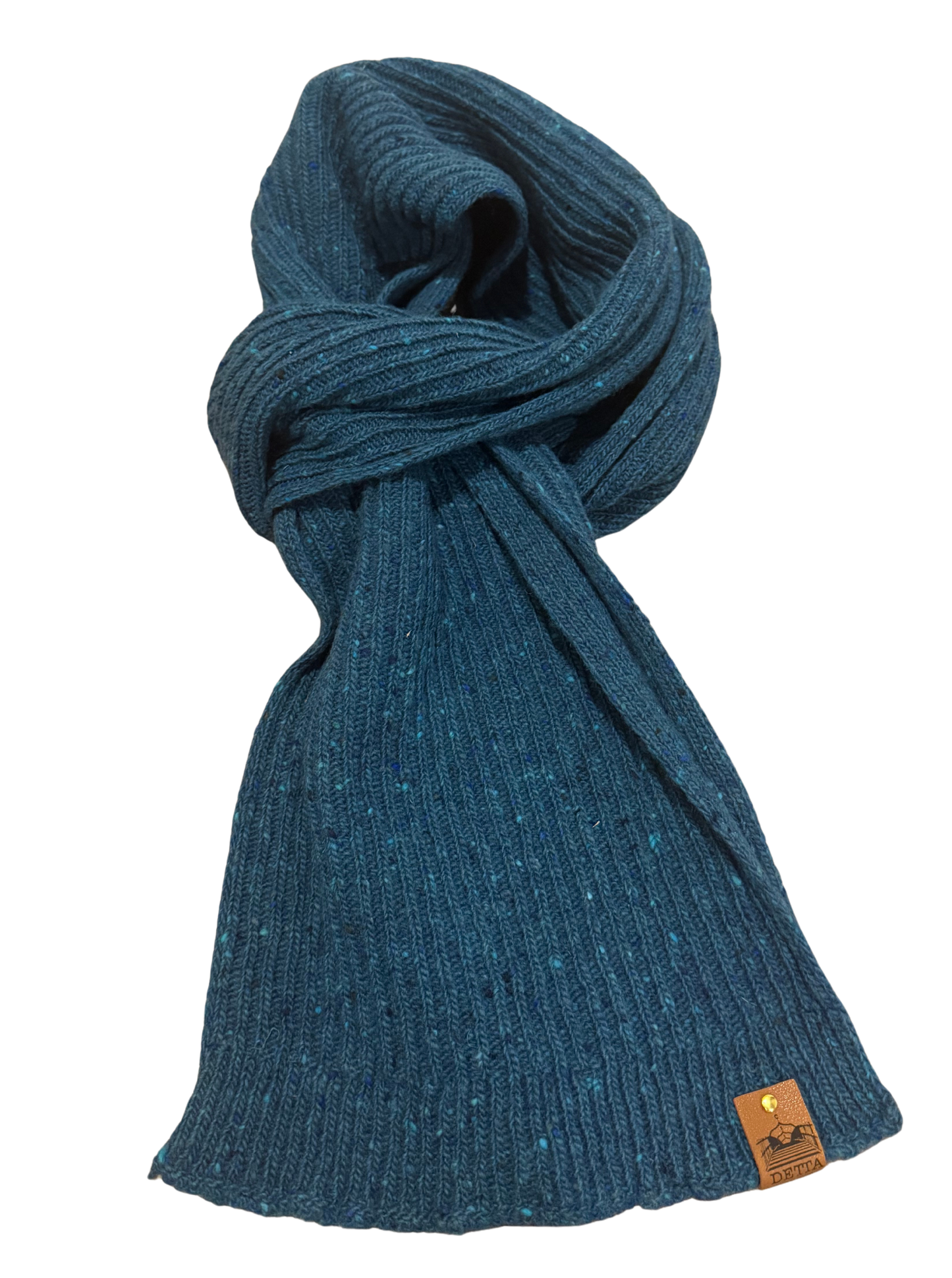 Blue knitted scarf with a brand tag on a white background